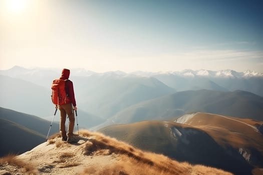Tourist on mountain peak at sunny summer day. Active life and leisure concept.. Neural network generated in May 2023. Not based on any actual person, scene or pattern.