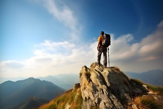 Tourist on mountain peak at sunny summer day. Active life and leisure concept.. Neural network generated in May 2023. Not based on any actual person, scene or pattern.