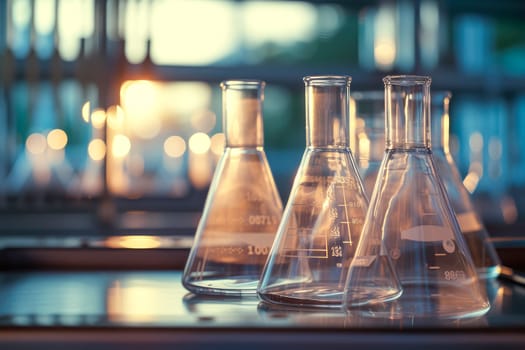 Empty beakers in a lab. Laboratory glassware  on a table against blurred background. AI generated