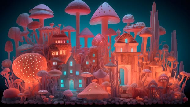 Fantastic teal-orange colored mushroom world city. Neural network generated in May 2023. Not based on any actual scene or pattern.