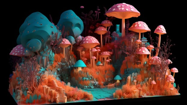 Fantastic teal-orange colored mushroom world city. Neural network generated in May 2023. Not based on any actual scene or pattern.