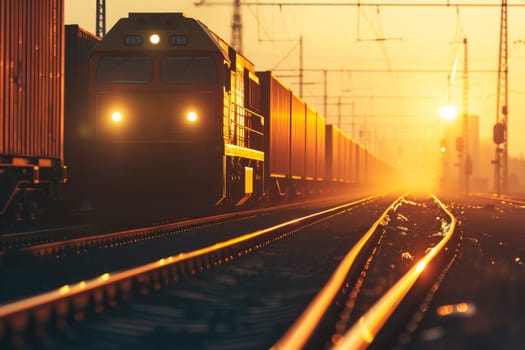 Container Freight Train. Freight train passing at sunset. Train carrying cargo under the rays of the setting sun. AI generated