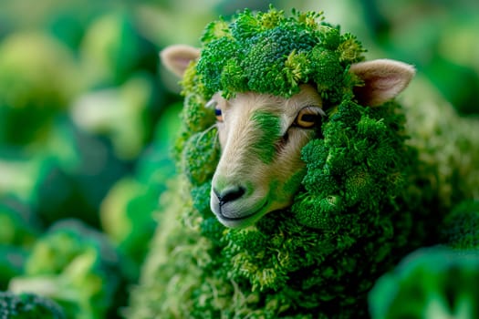 World vegetarian day concept background. Sheep full body covered in green broccoli. Eat vegetable not meat for healthy life. AI generated
