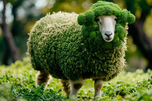 World vegetarian day concept background. Sheep full body covered in green broccoli. Eat vegetable not meat for healthy life. AI generated