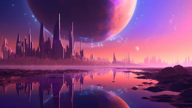fantastic rocky alien planet cityscape with lake and large celestial body in pink sky. Neural network generated in May 2023. Not based on any actual scene or pattern.