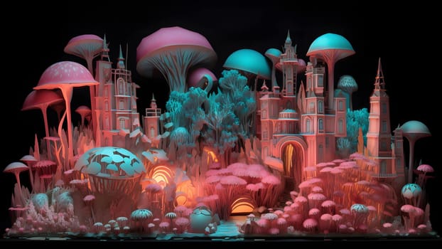 Fantastic teal-orange colored mushroom world city. Neural network generated in May 2023. Not based on any actual scene or pattern.