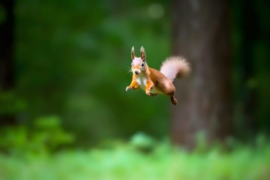 Eurasian red squirrel Sciurus vulgaris jumping in the forest at summer day. Neural network generated in May 2023. Not based on any actual scene or pattern.