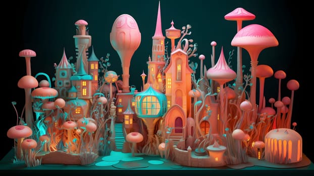 Fantastic teal-orange colored mushroom world city. Neural network generated in May 2023. Not based on any actual scene or pattern.