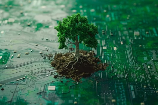 Tree growing on computer circuit board. Green technology, green IT, social responsibility and IT ethics concept. AI generated