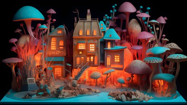Fantastic teal-orange colored mushroom world city. Neural network generated in May 2023. Not based on any actual scene or pattern.