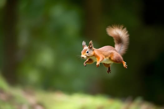 Eurasian red squirrel Sciurus vulgaris jumping in the forest at summer day. Neural network generated in May 2023. Not based on any actual scene or pattern.