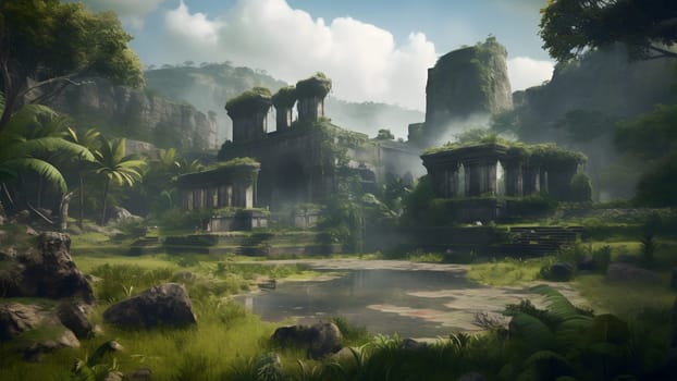 lush tropical landscape with old stone ruins scattered in the jungle at summer day. Neural network generated in May 2023. Not based on any actual scene or pattern.