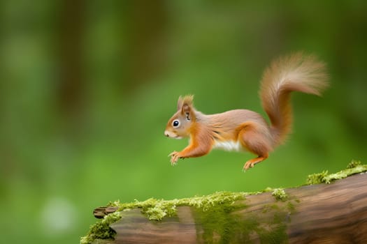 Eurasian red squirrel Sciurus vulgaris jumping in the forest at summer day. Neural network generated in May 2023. Not based on any actual scene or pattern.