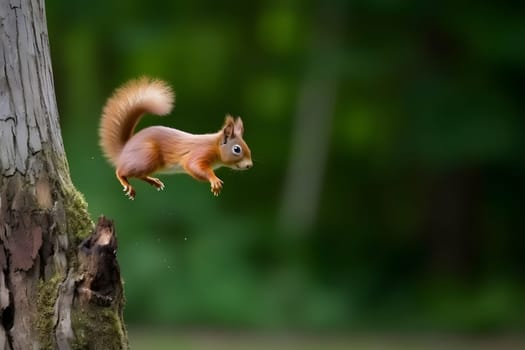 Eurasian red squirrel Sciurus vulgaris jumping in the forest at summer day. Neural network generated in May 2023. Not based on any actual scene or pattern.