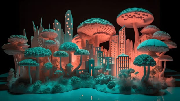 Fantastic teal-orange colored mushroom world city. Neural network generated in May 2023. Not based on any actual scene or pattern.