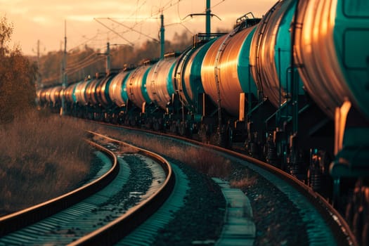 Container Freight Train. Transportation tank cars with oil during sunset. AI generated