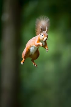 Eurasian red squirrel Sciurus vulgaris jumping in the forest at summer day. Neural network generated in May 2023. Not based on any actual scene or pattern.