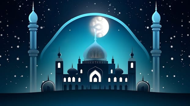 Ramadan mosque with starry night sky beautiful background. Neural network generated in May 2023. Not based on any actual scene or pattern.
