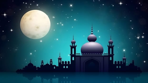 Ramadan mosque with starry night sky beautiful background. Neural network generated in May 2023. Not based on any actual scene or pattern.
