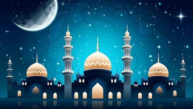 Ramadan mosque with starry night sky beautiful background. Neural network generated in May 2023. Not based on any actual scene or pattern.