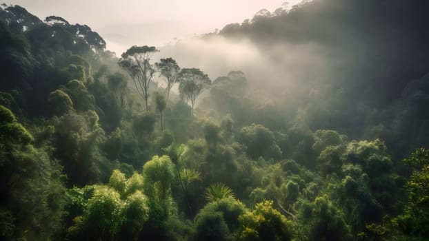 spectacular view on the rainforest in the sunrise. Neural network generated in May 2023. Not based on any actual scene or pattern.