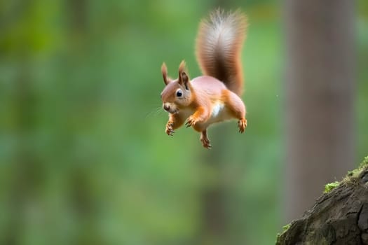 Eurasian red squirrel Sciurus vulgaris jumping in the forest at summer day. Neural network generated in May 2023. Not based on any actual scene or pattern.