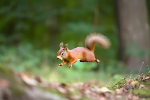 Eurasian red squirrel Sciurus vulgaris jumping in the forest at summer day. Neural network generated in May 2023. Not based on any actual scene or pattern.
