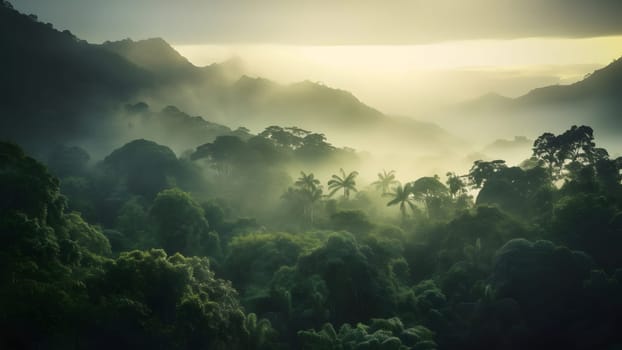 spectacular view on the rainforest in the sunrise. Neural network generated in May 2023. Not based on any actual scene or pattern.