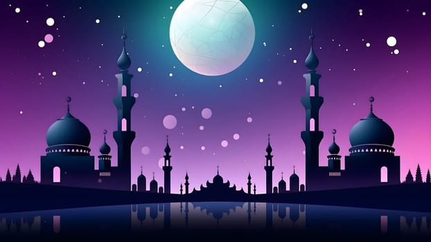 Ramadan mosque with starry night sky beautiful background. Neural network generated in May 2023. Not based on any actual scene or pattern.