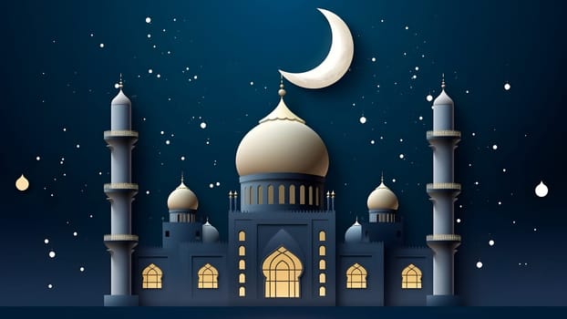 Ramadan mosque with starry night sky beautiful background. Neural network generated in May 2023. Not based on any actual scene or pattern.