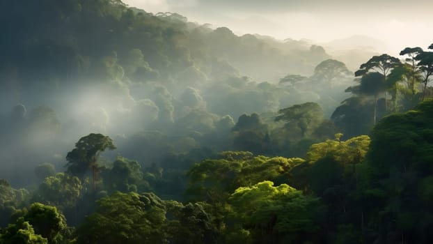 spectacular view on the rainforest in the sunrise. Neural network generated in May 2023. Not based on any actual scene or pattern.