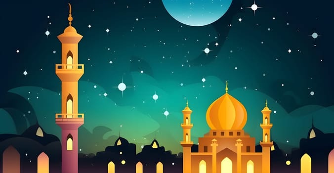 Ramadan mosque with starry night sky beautiful background. Neural network generated in May 2023. Not based on any actual scene or pattern.
