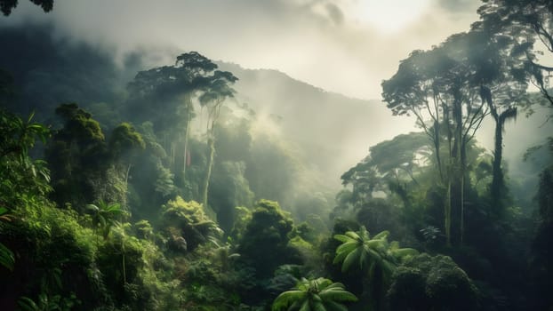 spectacular view on the rainforest in the sunrise. Neural network generated in May 2023. Not based on any actual scene or pattern.