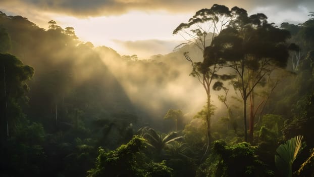 spectacular view on the rainforest in the sunrise. Neural network generated in May 2023. Not based on any actual scene or pattern.