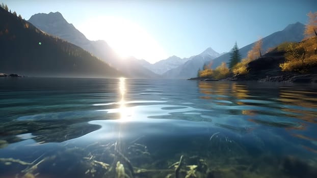 Swiss mountain lake with shallow very clear water at summer sunrise. Neural network generated in May 2023. Not based on any actual scene or pattern.