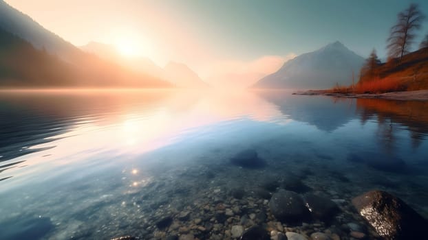 Swiss mountain lake with shallow very clear water at summer sunrise. Neural network generated in May 2023. Not based on any actual scene or pattern.