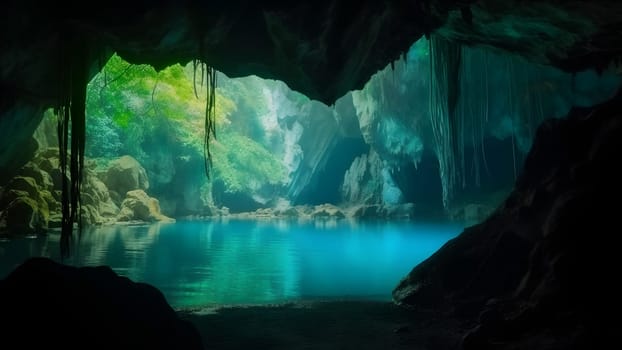 view from deep within a cave of a turquoise blue lake. Neural network generated in May 2023. Not based on any actual scene or pattern.