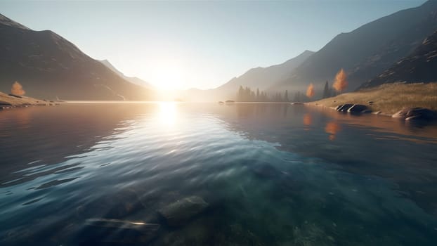 Swiss mountain lake with shallow very clear water at summer sunrise. Neural network generated in May 2023. Not based on any actual scene or pattern.
