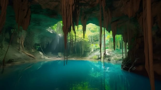 view from deep within a cave of a turquoise blue lake. Neural network generated in May 2023. Not based on any actual scene or pattern.