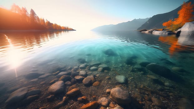 Swiss mountain lake with shallow very clear water at summer sunrise. Neural network generated in May 2023. Not based on any actual scene or pattern.
