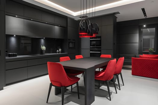 Black and red kitchen interior. Meeting area dining room. Neural network generated in May 2023. Not based on any actual scene or pattern.