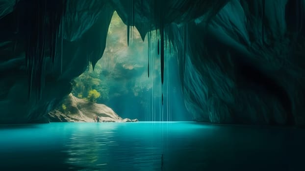 view from deep within a cave of a turquoise blue lake. Neural network generated in May 2023. Not based on any actual scene or pattern.