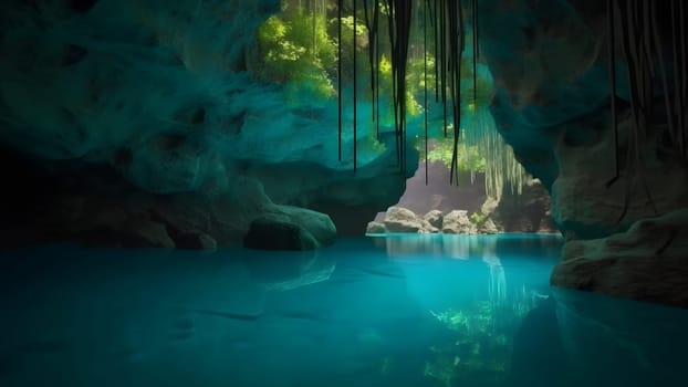 view from deep within a cave of a turquoise blue lake. Neural network generated in May 2023. Not based on any actual scene or pattern.