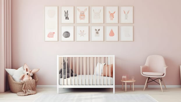 Bright white minimalist nursery wall with frames above cradle. Neural network generated in May 2023. Not based on any actual person, scene or pattern.