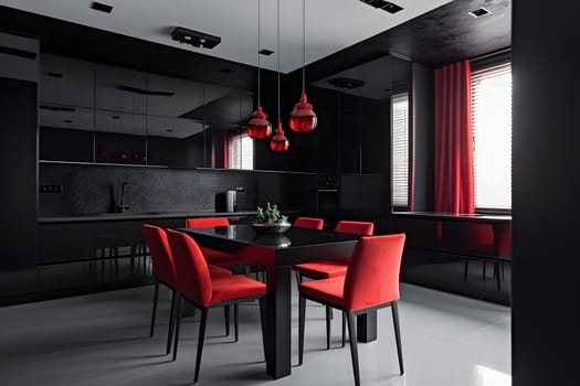Black and red kitchen interior. Meeting area dining room. Neural network generated in May 2023. Not based on any actual scene or pattern.