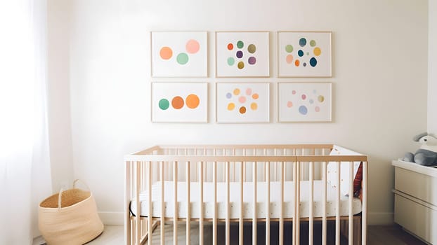 Bright white minimalist nursery wall with frames above cradle. Neural network generated in May 2023. Not based on any actual person, scene or pattern.
