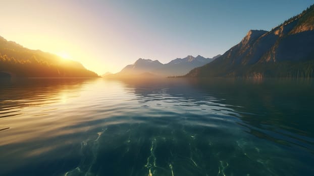 Swiss mountain lake with shallow very clear water at summer sunrise. Neural network generated in May 2023. Not based on any actual scene or pattern.
