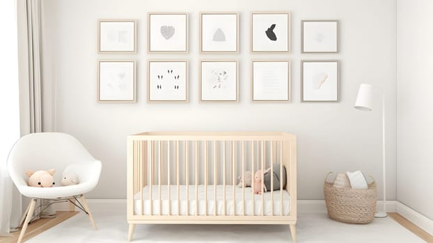 Bright white minimalist nursery wall with frames above cradle. Neural network generated in May 2023. Not based on any actual person, scene or pattern.