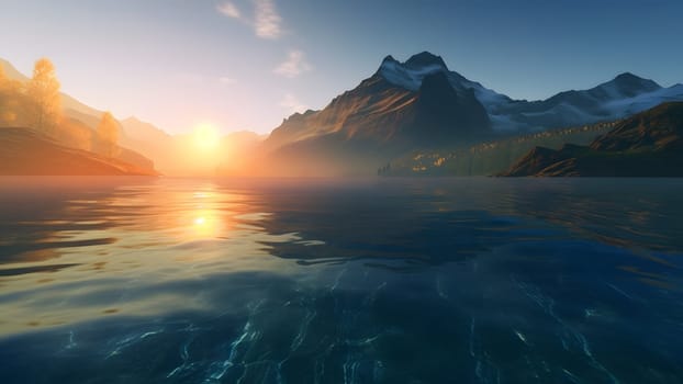 Swiss mountain lake with shallow very clear water at summer sunrise. Neural network generated in May 2023. Not based on any actual scene or pattern.