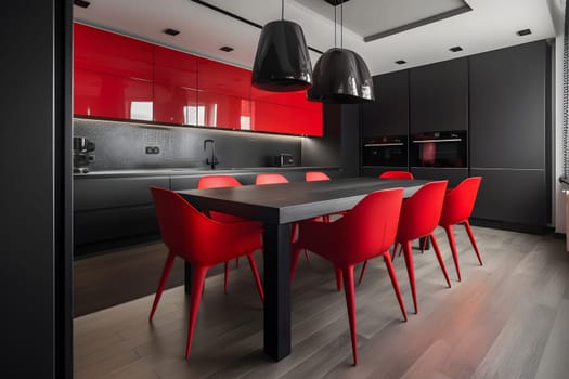 Black and red kitchen interior. Meeting area dining room. Neural network generated in May 2023. Not based on any actual scene or pattern.